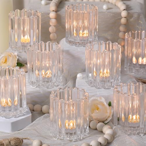 HAVITI Glass Clear Votive Candle Holder, Ribbed Votive Candle Holders Set of 12, Tealight Candle Holder for Wedding Centerpieces Dinner Party Table Decor - color: Clear