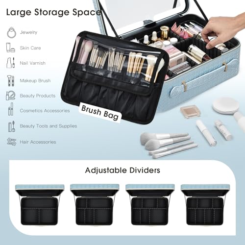 Leather Makeup Case with LED Lighted Mirror 11.4 Inch Travel Makeup Bag Adjustable Brightness in 3 Colors Cosmetic Organizer Artist Storage Bag with Dividers Brush Holder Bag Vanity Shiny Blue - color: ZB-Shiny Blue 11.4 Inch, size: 2-Medium