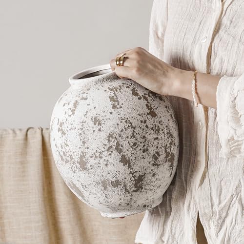 Large White Ceramic Vase - 9.8 Inch Rustic Farmhouse Flower Vase for Home Decor, Minimalist Tall Vases for Living Room, Table, Bathroom, Holiday & Weddings (Sandstone Grey) - color: Sandstone Grey, size: 9.8 inch