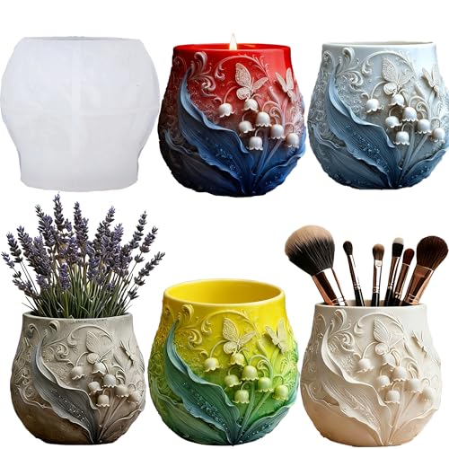 1 Pc Lily of The Valley Flower Epoxy Resin Jar Mold 3D Butterfly Candle Silicone Mold for Plant Flower Pot Candle Holder Jewelry Trinket Container Casting DIY Storage Craft Home Decoration - color: Flower Resin Mold