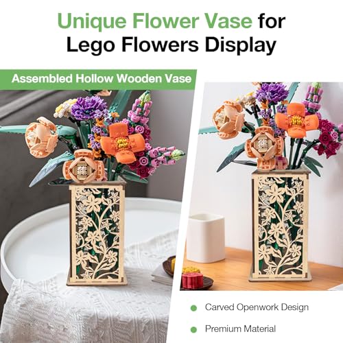 Wooden Vase for Lego Flowers, Display Stand for Lego Flower, Cool Artistic Carving Vase with Hollow Flower Pattern for Flower Lovers (Wood) - color: Wood-flower
