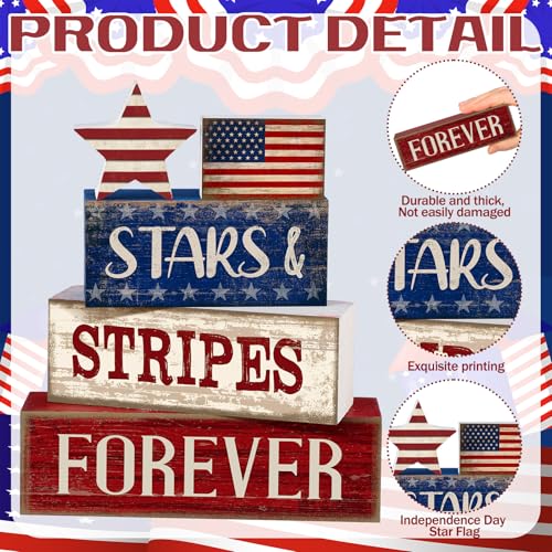 CroBlissful 5 Pcs 4th of July Decorations Patriotic Memorial Day Tabletop Decoration Forever Red White Blue Table Centerpieces Sign for Office Tiered Tray Home Shelf 250th Anniversary - style: Forever