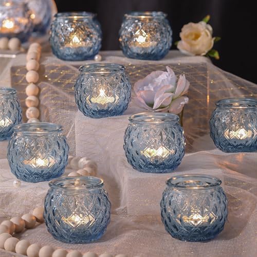 DARJEN 12Pcs Blue Votive Candle Holders - Round Glass Candle Holders Bulk for Tea Light Candle, Diamond Texture Candle Votives for Wedding Centerpiece, Party & Home Decor - color: Blue, size: 12PCS