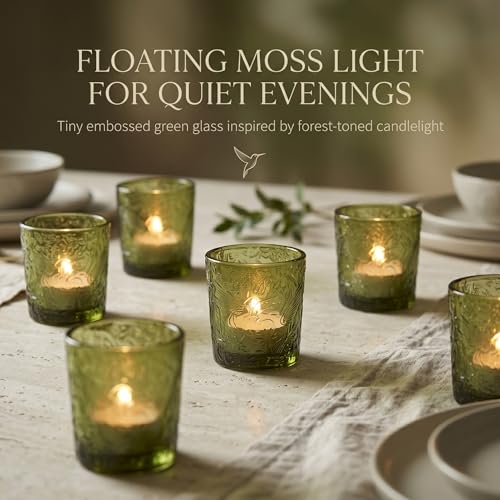 12 Pack Hummingbird Embossed Glass Candle Holders – Votive Tealight Holders with Patent Design, Decorative Embossed Glass Cups for Wedding Centerpieces, Parties, and Home Décor (Moss Green) - color: Moss Green