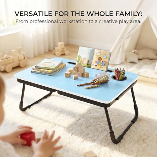 BUYIFY Foldable Laptop Bed Desk for Couch, Sofa - Large Lap Desk Tray Table with Cup Holder and Tablet Slot - Portable Notebook Stand for Eating, Writing, Studying and WFH (Blue) - color: Blue
