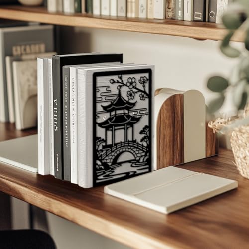 Peacoblue Metal Bookends for Shelves, Modern Decorative Heavy Duty Study Book Ends Stoppers for Office Desk Shelf Room 5.3"x4.3"x7.9" Cast Iron Tall Bookends 1 Pair (Courtyard with Flower Branches) - style: Courtyard with Flower Branches