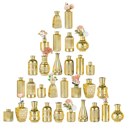 NUPTIO Bud Vases Bulk Gold: 30 Pcs Glass Small Vase Set for Flowers - Mini Vintage Flower Bottle Single Assorted Vases for Wedding Centerpieces