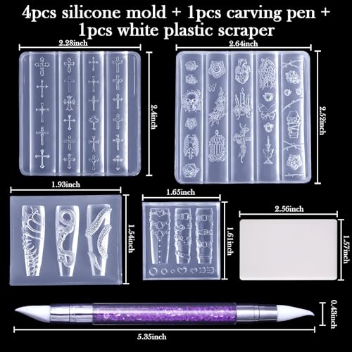 Laza 4pcs Gothic Silicone Nail Art Molds, 3D Rose, Snake, Bones, Cross, Collar, Skull Exquisite Silicone Nail Accessories with Carving Pen Resin Nail Art Mold Manicure Tools for DIY Salon Nail Design - color: Skull rose