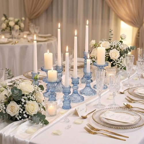 Glass Candle Holder Set of 12, Blue Taper Candle Holders Bulk, Vintage Candlestick Holders, Candle Stick Holder for Table Centerpieces, Wedding, Festival & Home Decor - color: Blue