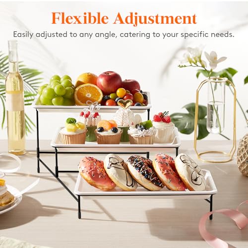 Lifewit 3 Tier Serving Tray, 30 x 17 cm/12 x 6.5" White Plastic Tiered Food Serving Platters, Tiered Tray Stand for Party with Black Collapsible Metal Stand, Dessert Display Stand for Cookies/Crackers - size: 12" x 6.5", style: Basic