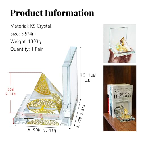 Crystal Bookends for Shelves 1 Pair, Glass Decorative Book Ends for Heavy Books, Non-Skid Book Stopper for Home Office School Supplies - color: Pyramid-tree of Life