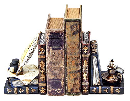 Bellaa 26324 Vintage Bookends Set of 2 - Wizard Feather Quill Pen & Ink Bottle with Oil Lamp Design - Magical - Antique Bronze Decorative Book Ends for Shelves, Office, Library - Farmhouse Home Decor