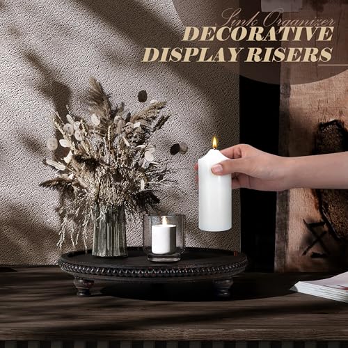 EOSAHR Rustic Round Pine Wooden Display Riser – Beaded Pedestal Stand for Decor, Kitchen Counter Organizer, Coffee table & Cake Stand - Decorative Display Risers for Living Room Decor (Old Black) - color: Old Black