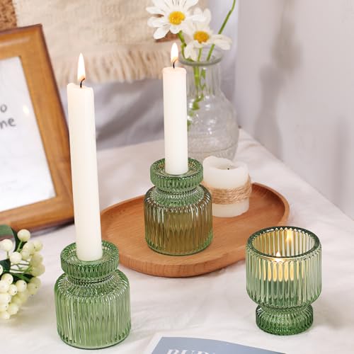 DARJEN 6 Pcs Green Candlestick Holders - Glass Taper Candle Holders Tealight Votive Candle Holders for Table Centerpieces, Wedding, Dinner Party, Home, Gifts (Pack of 2) - color: Green, size: 6Pcs (Pack of 2)