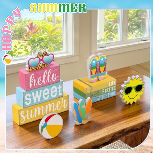 Vercraft 11 Pcs Summer Hawaiian Table Decorations Set Summer Tiered Tray Decor Flip Flops Centerpiece Faux Book Stack Block for Table Home Office Decorations - style: Pool