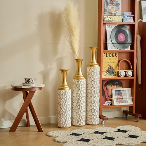 Floor Vases, Tall Home Decor Metal Vase Set of 3 Large Glazed Decorative Vases for Wedding Decor, Elegant Modern Flower Holder for Living Room, Entryway, Hallway, Dining Room - color: Oval White Gold
