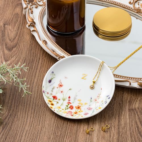 Crisky Initial Jewelry Tray Ring Dish & Gift Box, Ceramic Flower Trinket Dish for Rings Earrings Necklaces Keys, Bridal Shower Engagement Birthday Gift for Women, Friends 4.57" (Gold Foil Z - style: Initial Z