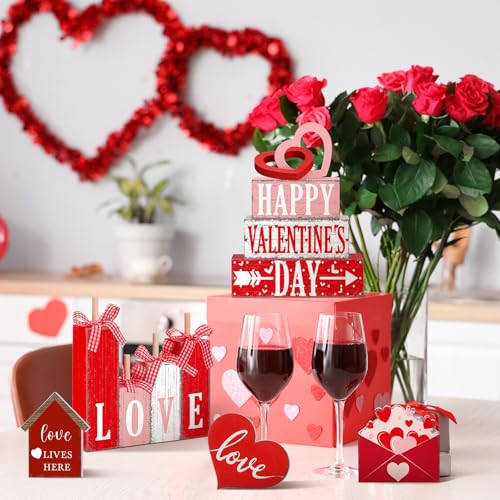 Vercraft 11 Pcs Valentine's Day Table Decorations Red Heart Tiered Tray Decor Love Centerpiece Pink Wooden Books Home Table Top Decor for Wedding Party Supplies - style: Love