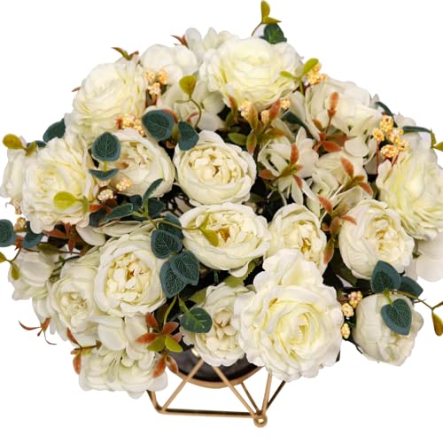 Faux Flowers with Vase, Silk Peony Bouquet Artificial Flowers in Vase, Fake Flowers Floral Arrangement for Home Decor Indoor, Table Centerpieces Flowers Decoration for Farmhouse (White Peony) - color: White Peony