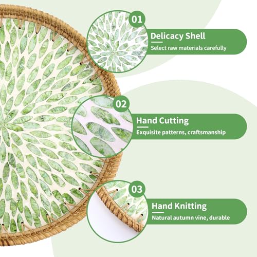 Round Rattan Tray with Mother of Pearl Inlay, Decorative Rattan Serving Tray for Home Boho Decor, Coffee Table, Bread, Food, Tea Ottoman Trays, Fruit Wicker Basket,100% Natural Materials Green- 12" - color: Green, size: 12"