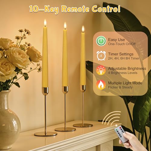 Yellow Flameless Taper Candles with Remote, 9.6 Inches Real Wax Battery Operated Candles, 3 Pack Flickering LED Candlesticks, Tall Taper Fake Candles for Home, Wedding, Party - color: Yellow