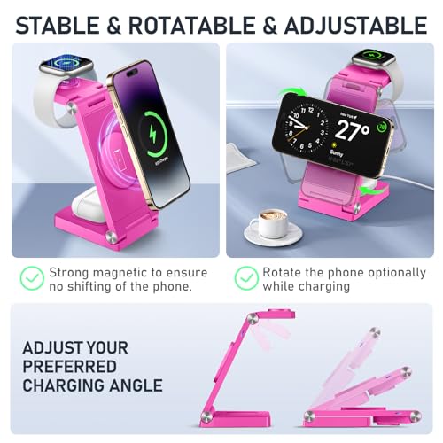 Magnetic Wireless Charger Stand, 3 in 1 Foldable Wireless Charging Station, Travel Charger for Multiple Devices for iPhone 16 15 14 13 12 Series, Apple Watch Ultra/SE/9/8/7/6/5/4/3/2, AirPods - color: Rose