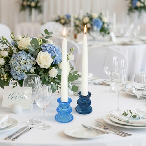 Blue Candlestick Holders 12 Pcs, Ribbed Taper Candle Holders for Table Centerpieces, Vintage Glass Candle Holders Bulk for Wedding, Birthday, Baby Shower Decoration - color: Blue&clear