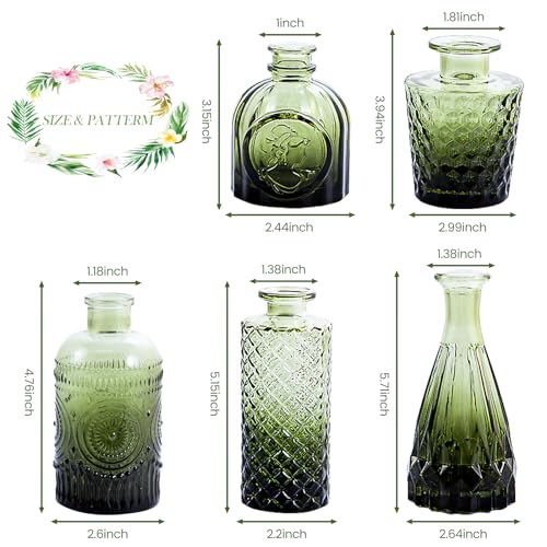 UPBUD Glass Bud Vases Set of 5, Mini Flower Vase for Centerpieces, Small Clear Vases in Bulk for Wedding Decorations, Vintage Vase for Table, Recepetion, Home Décor (Green) - color: Standard-green, size: 5pcs