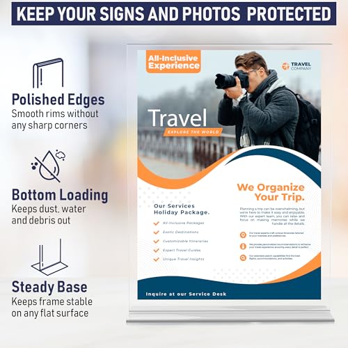 Acrylic Sign Holder 8.5 x 11 - Heavy Duty T-Shape Table Top Display Stand, Extra Wide 3-Inch Base, Double Sided Bottom Load, Crystal Clear Menu Holder: Restaurant, Office, Wedding, Trade Show (6 Pack)