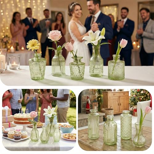 Glass Bud Vases in Bulk Set of 17, Green Small Mini Vases for Flowers, Vintage Vase for Centepiece,Wedding, Table Decor, Baby Shower, Christmas, Home and Events - color: Green