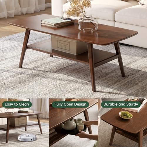 100% Solid Oak Wood Coffee Table for Living Room, 2-Tier Living Room Table with Storage Shelf, Mid Century Modern Coffee Tables (Walnut Colour, 39.37" W x19.68 D x 17.32" H) - color: Walnut Colour, size: 39.37"W x19.68" D x 17.32" H