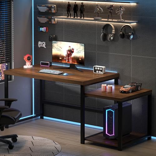 FOLUBAN Large Computer Desk, 63 Inch Home Office Desk with PC Tower Stand & Printer Space, Study Writing Gaming Table Workstation for Bedroom Living Room, Walnut - color: Walnut