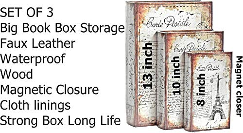 Bellaa 28069 Decorative Book Box Gift Set of 3 Paris Eiffel Tower Vintage Hidden Invisible Secret Storage Heavy Bookends Bookshelves Support End Magnetic Cover Stash Designed Wood Flux Leather - style: Paris White