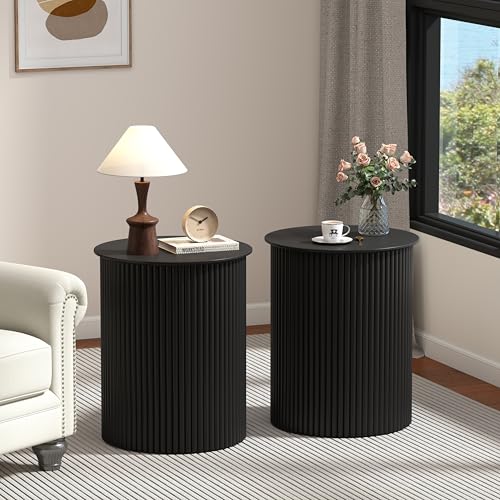 AVZEAR Small Round Side Table Fluted Night Stand Set of 2, 17.7" Mid Century Modern End Table, Circle Bedside Tables Wood Nightstands for Small Spaces, Living Room, Bedroom(Black) - color: Black, size: 17.7"D x 17.7"W x 21.6"H