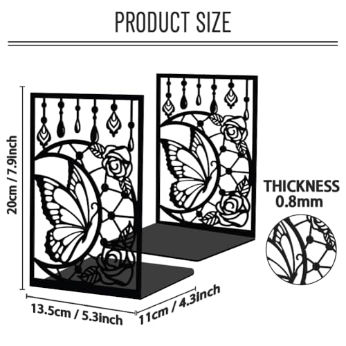 WADORN 1 Pair Moon Butterfly Rose Metal Decorative Bookend for Shelves, Heavy Duty Book Ends Modern Non-Skid Books Holder Stand Black Book Support Stoppers for Desk Bookshelf Office, 5.3x4.3x7.9 Inch - color: Moon Butterfly Rose
