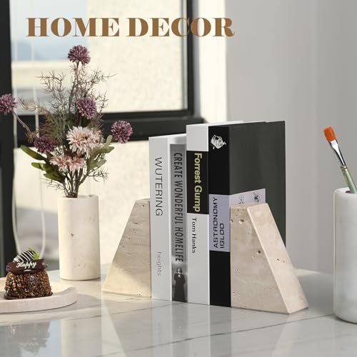 Karibiber Travertine Bookends for Heavy Books, Marble Decorative Bookends for Shelves, Heavy-Duty Stone Book Ends for Hardback Book & Cookbooks, Unique Book Stopper & Holder, Travertino Italy - color: Travertine