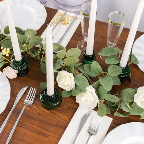 Efavormart Set of 6 Hunter Emerald Green Ribbed Crystal Glass 3" Taper Candle Holders, Reversible Mini Votive Tealight Candle Stands - color: Type3