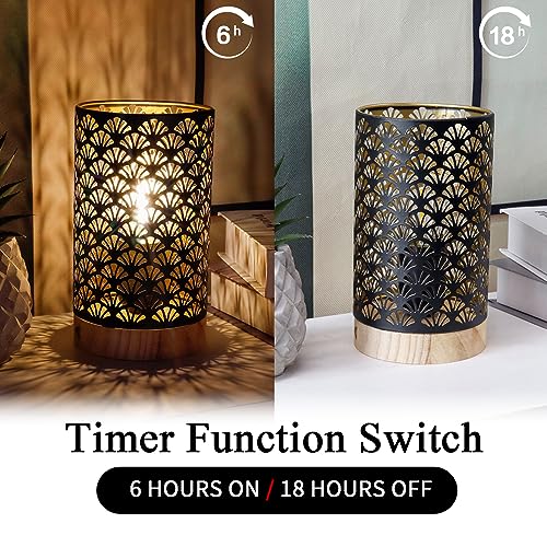 JHY DESIGN Metal Lamp Battery Powered 7.5''H Accent Cordless Lamp with 6-Hours Timer Battery Lamp for Weddings Party Patio Garden Indoors Outdoors Table Balcony（with Wooden Base） - color: Fan Patterned