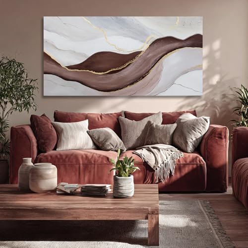 Hue7Art Modern Abstract Canvas Wall Art Neutral Flowing Lines Painting in White Gray and Brown, Minimalist Contemporary Artwork for Living Room Bedroom Office Wall Decor 24x48 Inch - color: White and brown and gold, size: 48"L x 24"W