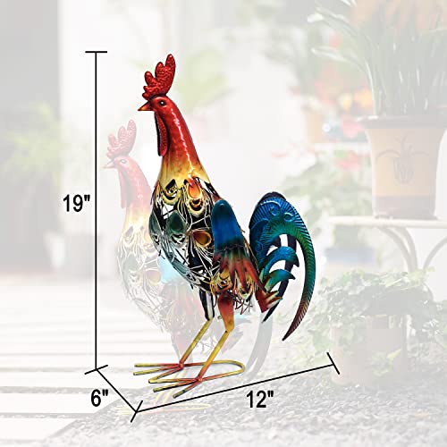 19 Inch Solar Rooster Statue, Metal Yard Art with Colorful Lights for Garden Lawn Outdoor Decoration Gifts - style: Roosters