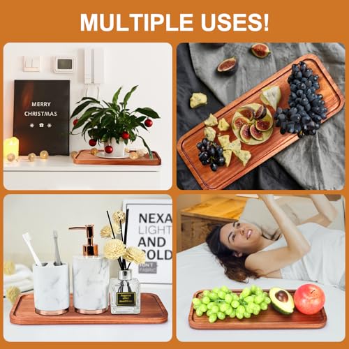 Wooden Serving Platters Long Charcuterie Boards Acacia Wood Decorative Trays for Home Decor Cheese Board Snack Appetizer Plates Kitchen Dinner Tray for Food Dish Rectangle Cake Dessert Platter - size: 14" × 5.5" × 0.6"