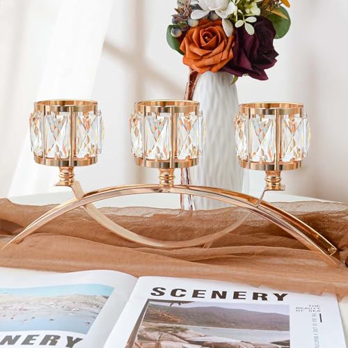 4 Pcs 3-Arm Crystal Tealight Candle Holders, Elegant Metal Arch Candlestick Centerpiece for Wedding, Party, Dining Room Table Decorations, Anniversary (4, Gold-3 Arm) - size: Gold-3 Arm