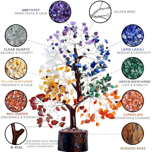ZENFULSTONE 7 Chakra Tree of Life Spiritual Décor for Home & Office | Handmade Crystal Bonsai for Positive Energy & Healing | Wonderful for Her - color: Chakra Silver Wire 300 Beads