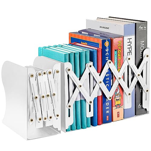 OMEYA 2PCS Adjustable Metal Bookends, Heavy Duty, 2 Dividers, Nonslip, Extends up to 19 inches (White) - color: White, size: 2PCS