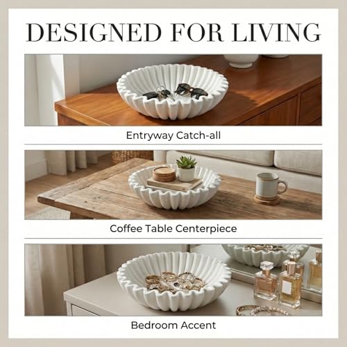 OAKOA Large Decorative Bowl - White Decorative Bowls for Home Decor - Organic Modern Home Decor Bowl - Concrete Ruffle Bowl Decor - Fluted Bowl - Scalloped Bowl - color: White