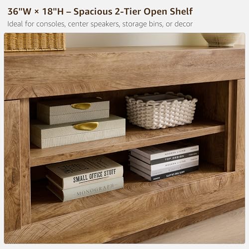 OKD Modern 70" TV Stand, Entertainment Center for TVs Up to 80", Media Console with Large Open Storage & Side Cabinets, Thick Wood Design for Living Room, Light Knotty Oak - color: Light Knotty