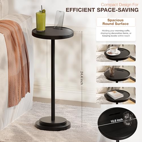 BLUEWEST Drink Table, 24.4" Tall Compact Side Table with Phone Slot and Weighted Base, Durable Pedestal Table Accent for Living Room (Flat, Walnut) (Black, Double Base)