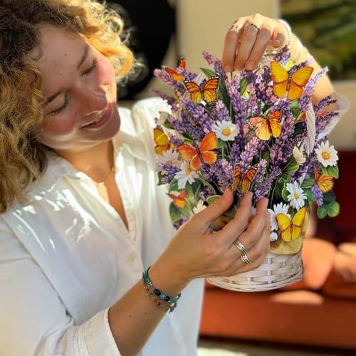 Freshcut Paper Pop Up Cards, Lavender & Butterflies, 12 Inch Life Sized Forever Flower Bouquet 3D Popup Greeting Card, Birthday & Thank You Card, Blank Notecard & Envelope - color: Lavender & Butterflies, size: Classic