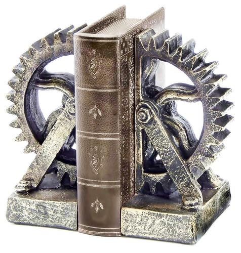 Bellaa 25662 Retro Decorative Bookend Gear Book Ends Industrial Science Rustic Vintage Unique Heavy Steampunk Statues Bookshelves Stopper Support Home Decor Accents - size: 7 inch x 4.5 inch x 3.3 inch