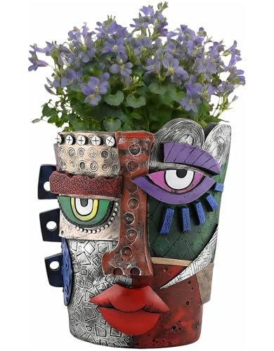 Picasso Abstract Face Flower Pot,Unique Resin Crafted Planter with Drainage Holes,Interesting Colorful Planter with Human face,for Indoor and Outdoor Botanical Home décor (Serious) - style: Serious